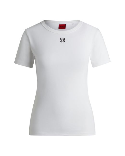 HUGO White T-Shirt aus Baumwoll-Mix mit gesticktem Stack-Logo