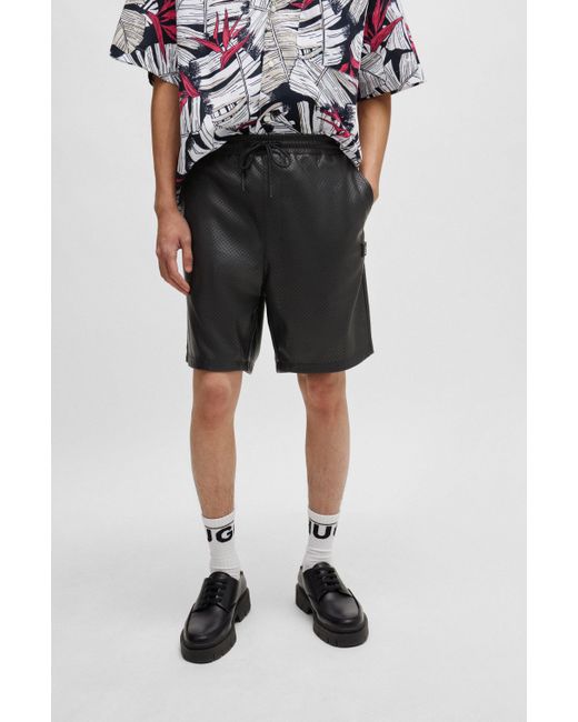 HUGO Black Perforated Faux-leather Shorts With Stacked Logo for men