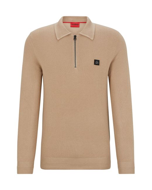 HUGO Natural Zip-neck Polo Sweater With Stacked-logo Badge for men