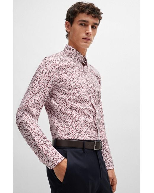 Boss Red Slim-fit Shirt In Floral-print Stretch-cotton Poplin for men