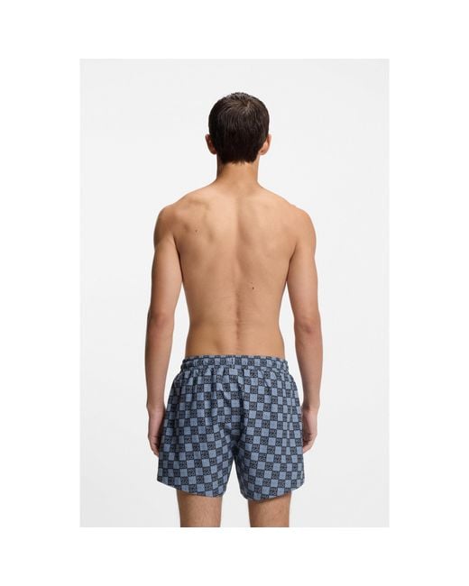 HUGO Blue Quick-Dry Swim Shorts With Stacked-Logo Check Print for men