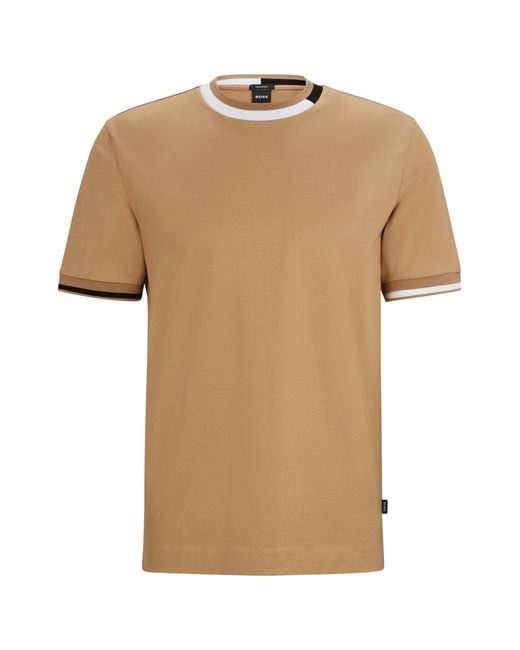 Boss Natural Mercerised-cotton T-shirt With Signature-stripe Details for men