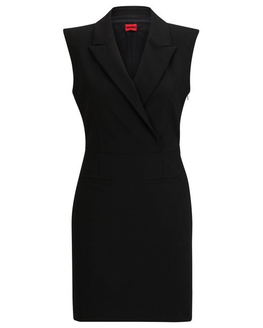 HUGO Black Slim-fit Tailored Dress With Lapels And Logo Patch