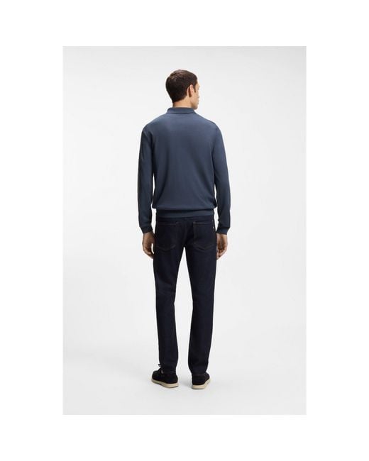 Boss Blue Long-Sleeved Knit Polo Sweater for men