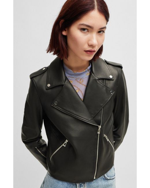 HUGO Black Regular-fit Biker Jacket In Leather With Asymmetrical Zip