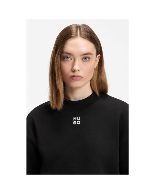 HUGO Black Cotton-Terry Sweatshirt With Stacked-Logo Embroidery