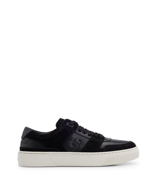 Boss Black Leather Lace-up Trainers With Suede Trims
