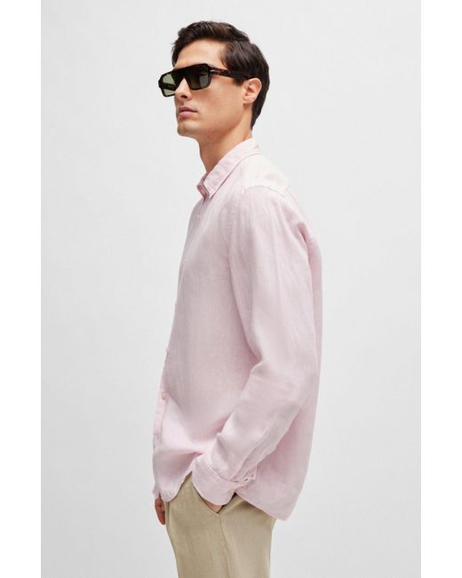 Boss Pink Regular-fit Linen Shirt With Button-down Collar for men