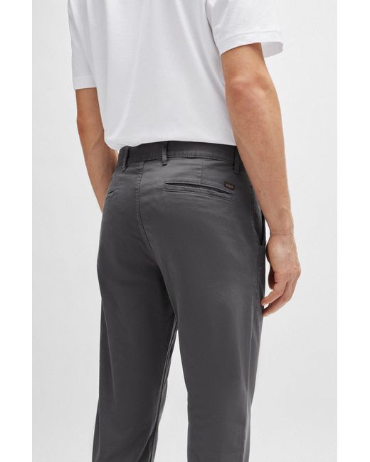 Boss Gray Slim-fit Chinos In Stretch-cotton Satin for men