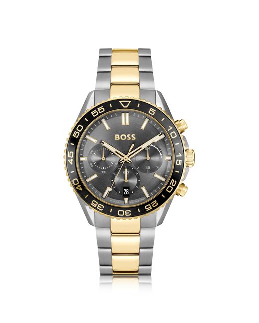 Boss Metallic Two-tone Link-bracelet Chronograph Watch With Grey Dial for men