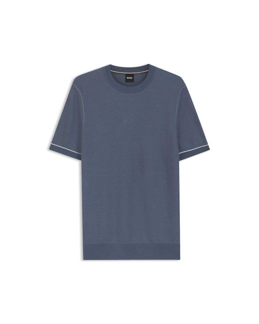 Boss Blue Cotton-Blend Knit T-Shirt With Horizontal Stripe for men