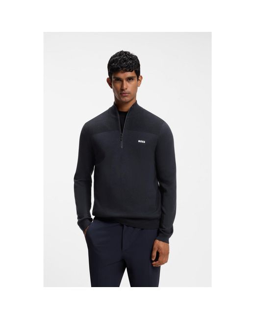 Boss Blue Zip-Neck Virgin Wool-Blend Sweater With Logo for men