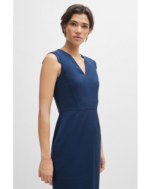 Boss Blue Cap-sleeve V-neck Dress In Melange Virgin Wool