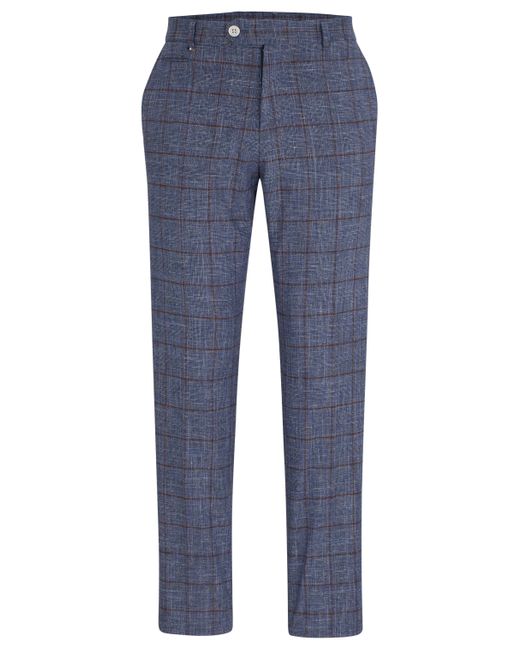 Boss Blue Slim-fit Trousers In Plain-checked Serge for men