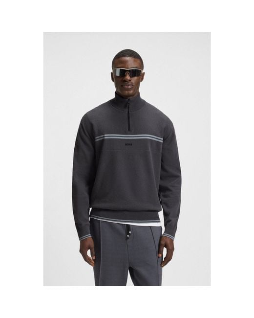 Boss Black Zip-Neck Cotton-Blend Sweater With Stripe Details for men
