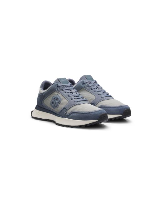 Boss Blue Suede-Trim Trainers With Double B Monogram for men
