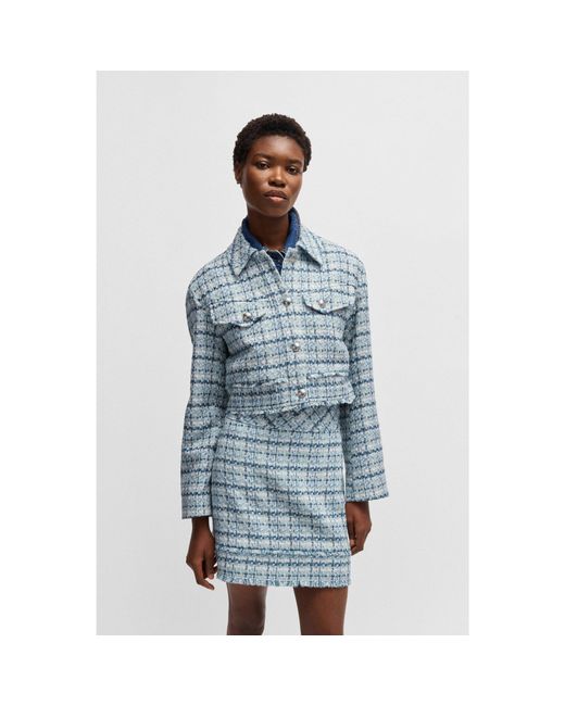 Boss Blue Cropped Tweed Jacket With Metallic Buttons