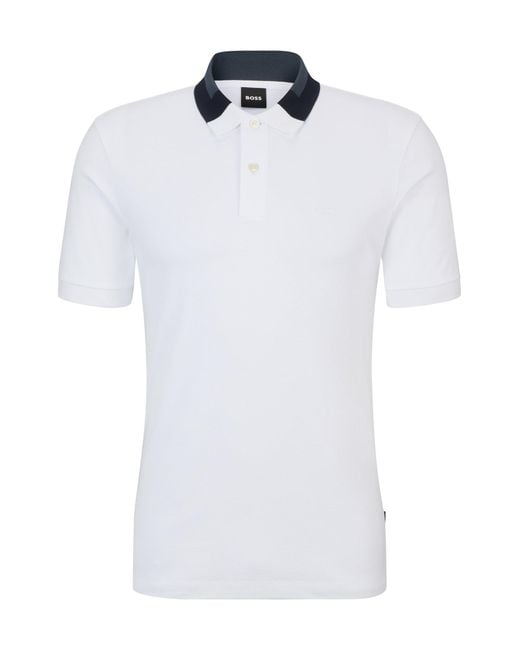 Boss White Interlock-cotton Slim-fit Polo Shirt With Colour-blocked Collar for men