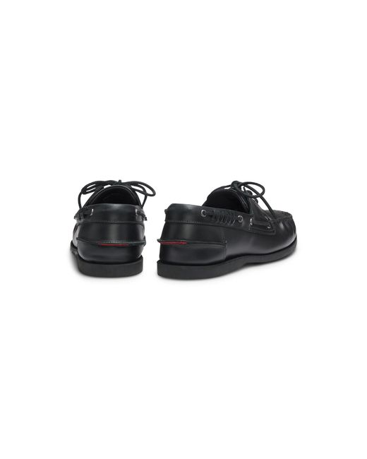 HUGO Black Leather Boat Shoes With Lacing Detail for men