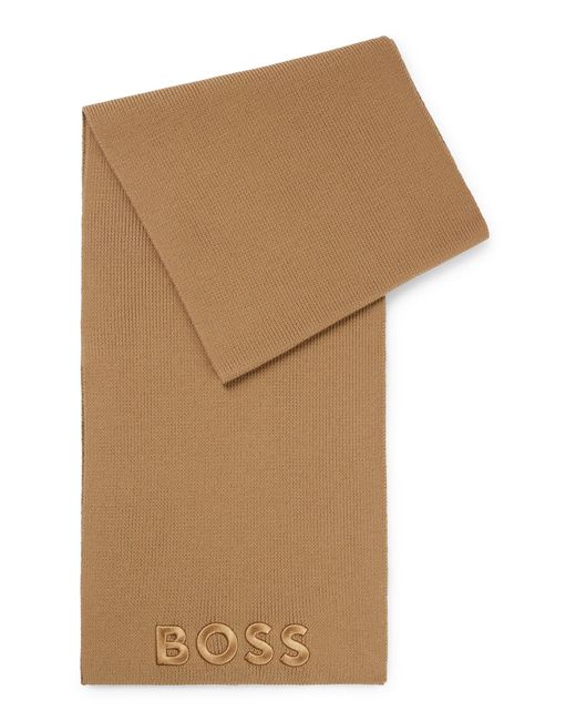 Boss Brown Ribbed Scarf In Virgin Wool With Tonal Embroidered Logo