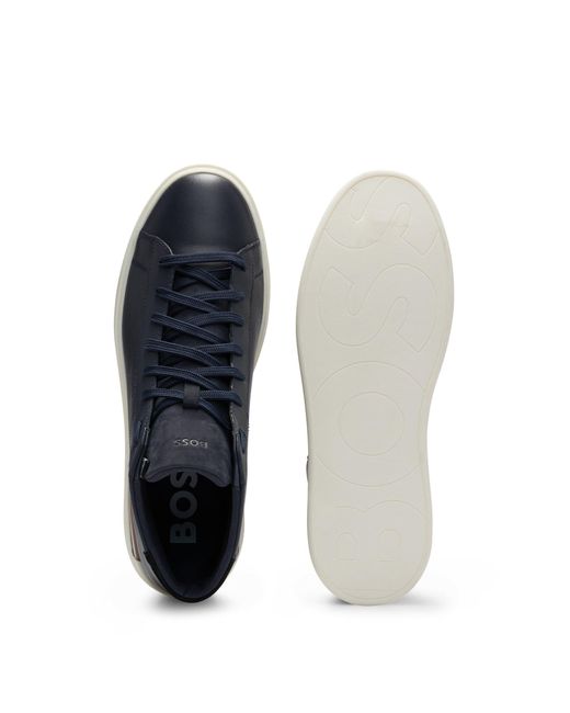 Boss Blue Leather High-top Trainers With Signature-stripe Sole for men
