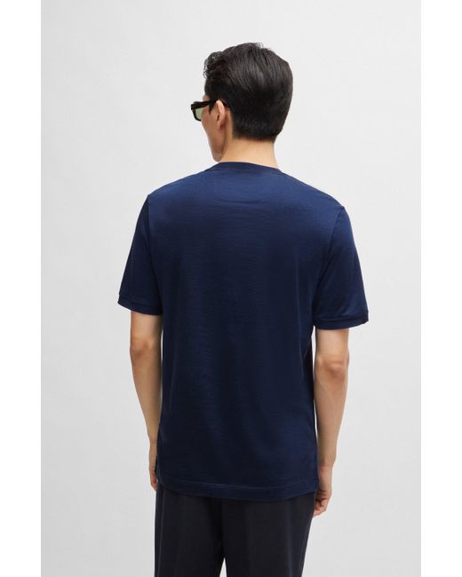 Boss Blue Cotton-silk Regular-fit T-shirt With Mixed Structures for men