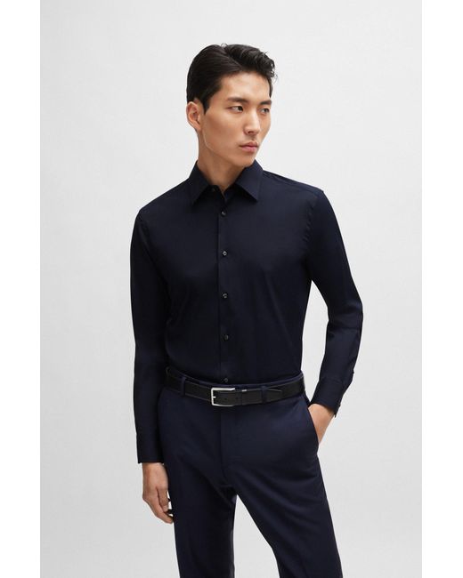 Boss Blue Slim-fit Shirt In Cotton-blend Poplin With Stretch for men