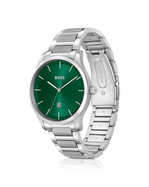 Montre à cadran vert avec bracelet à maillons argentés Boss pour homme en coloris Green