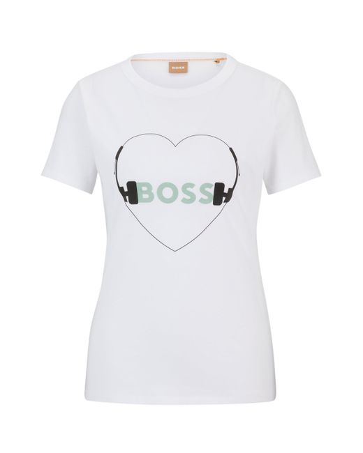 Boss White Regular-Fit T-Shirt aus reiner Baumwolle mit saisonalem Print