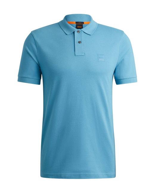 Boss Blue Stretch-cotton Slim-fit Polo Shirt With Logo Patch for men