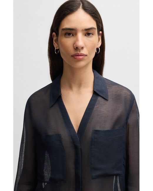 Boss Blue Bluse Aus Ramie Mit V-Ausschnitt Und Kragen