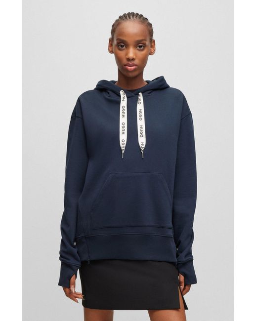 HUGO Blue Cotton-terry Hoodie With Branded Drawcords