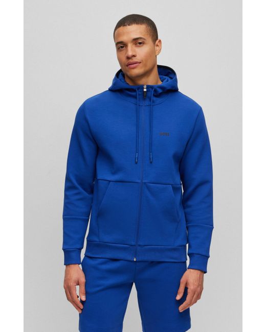 Boss Blue Cotton-blend Zip-up Hoodie With Embroidered Logo for men