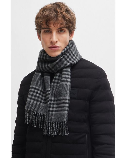 Boss Gray Woven Scarf In Soft Wool With All-over Pattern for men