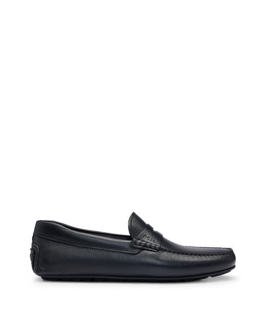 Boss Black Grained-leather Driver Moccasins With Logo Strap for men