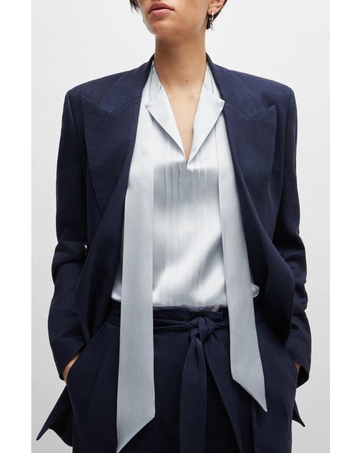 Boss Blue Sleeveless Silk Blouse With Tie Neckline