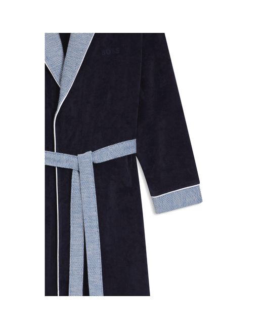 Boss Blue Cotton-Velvet Dressing Gown With Textured Trims