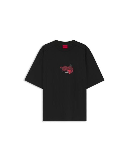 HUGO Black Oversized-Fit Cotton T-Shirt With Biker And Roses Graphic for men
