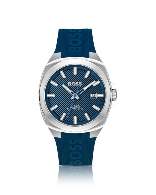 Boss Silicone-logo-strap Watch With Blue Guilloché Dial for men