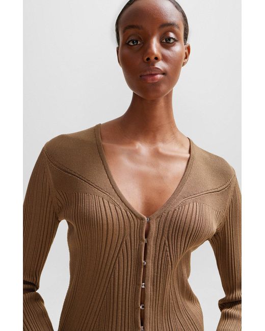 Boss Brown Ribbed Cardigan In Stretch Fabric With Hook Closures