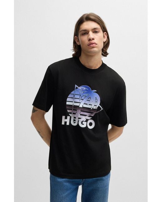HUGO Black Cotton-jersey T-shirt With Logo Artwork for men
