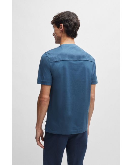 Boss Blue Mixed-material T-shirt With Mercerized Stretch Cotton for men