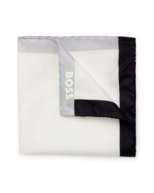 Boss Silk Pocket Square With Branding And Printed Border in het White voor heren