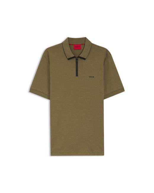 HUGO Green Cotton Piqué Polo Shirt With Zip Neckline for men