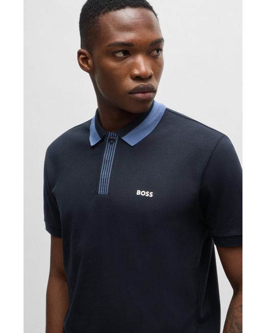 Boss Black Stretch-cotton Polo Shirt With Contrast Logo for men