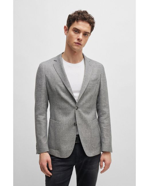 Boss Gray Slim-fit Jacket In Patterned Virgin Wool And Linen for men