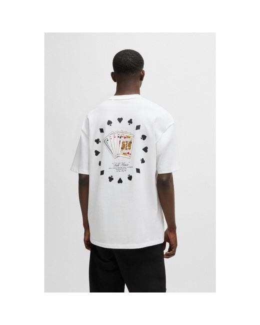 HUGO White Cotton-Jersey T-Shirt With Playing-Cards Artwork for men