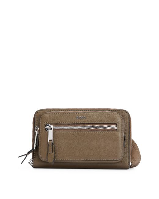 Boss Brown Crossbody Bag In Grained Leather With Logo Lettering for men