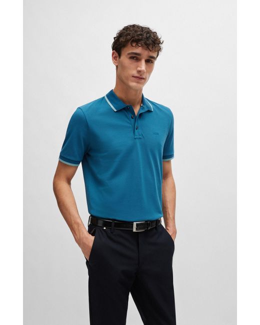 Boss Blue Cotton-piqu Polo Shirt With Logo Detail for men