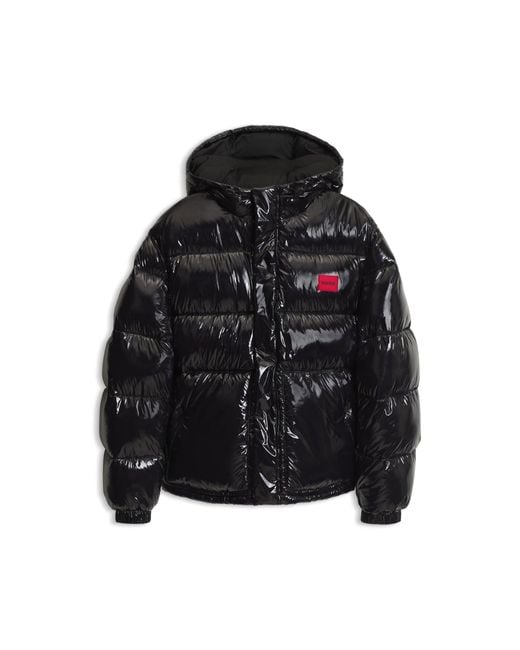 HUGO Black Water-Repellent Padded Jacket With Lacquered Finish for men